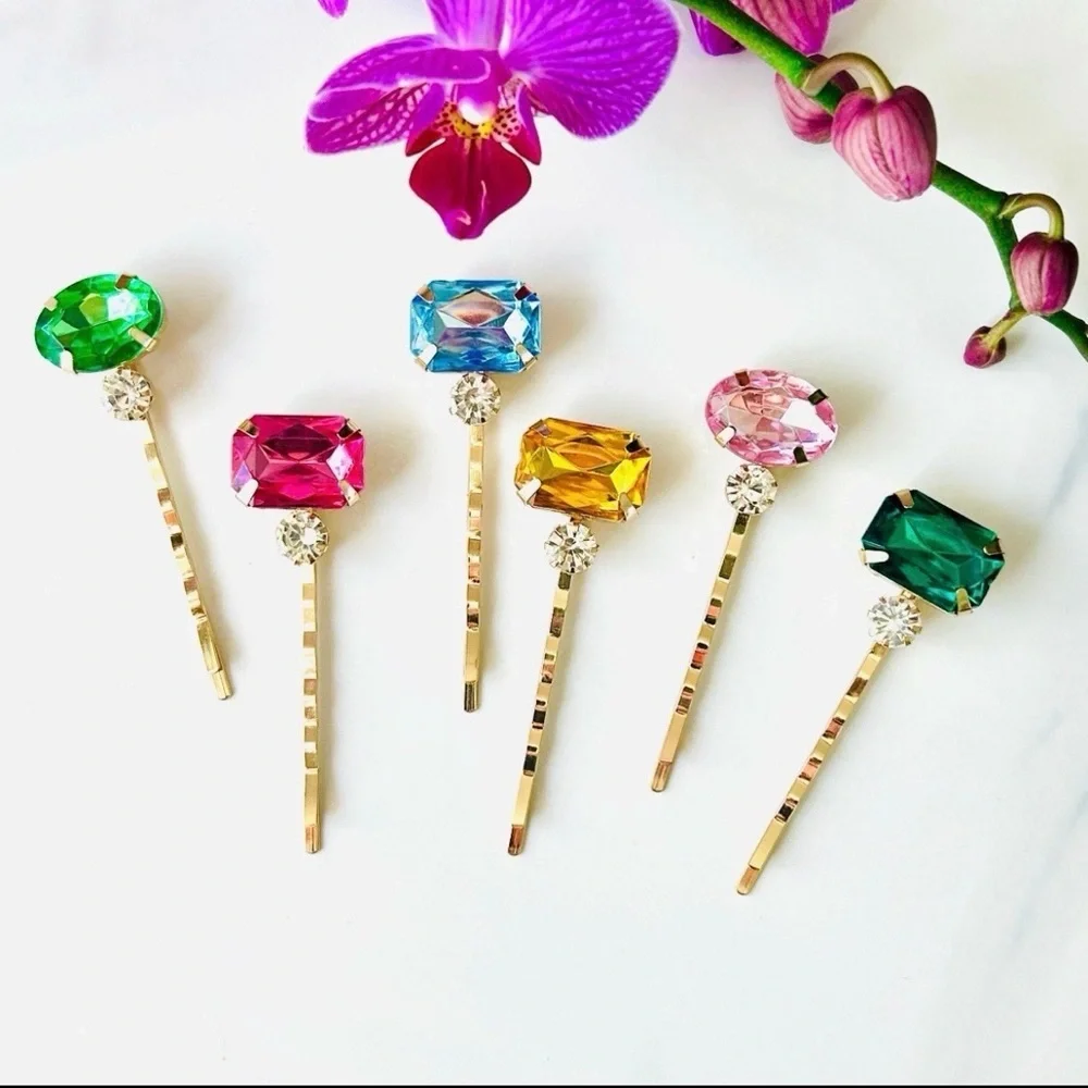 Colorful Rhinestone Gold Bobby Pin 6 pc Oval Rectangle Clip Hair Accessory NEW